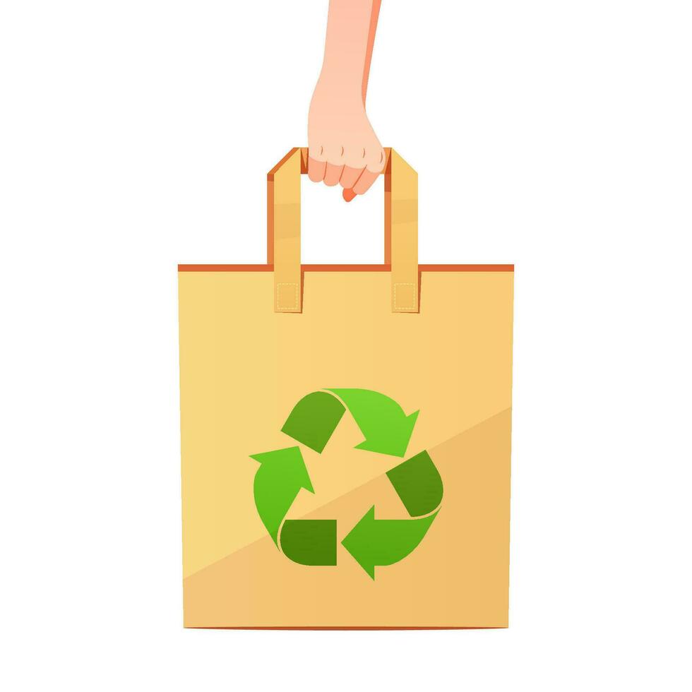 Hand holding eco friendly paper bag with recycling symbol. vector