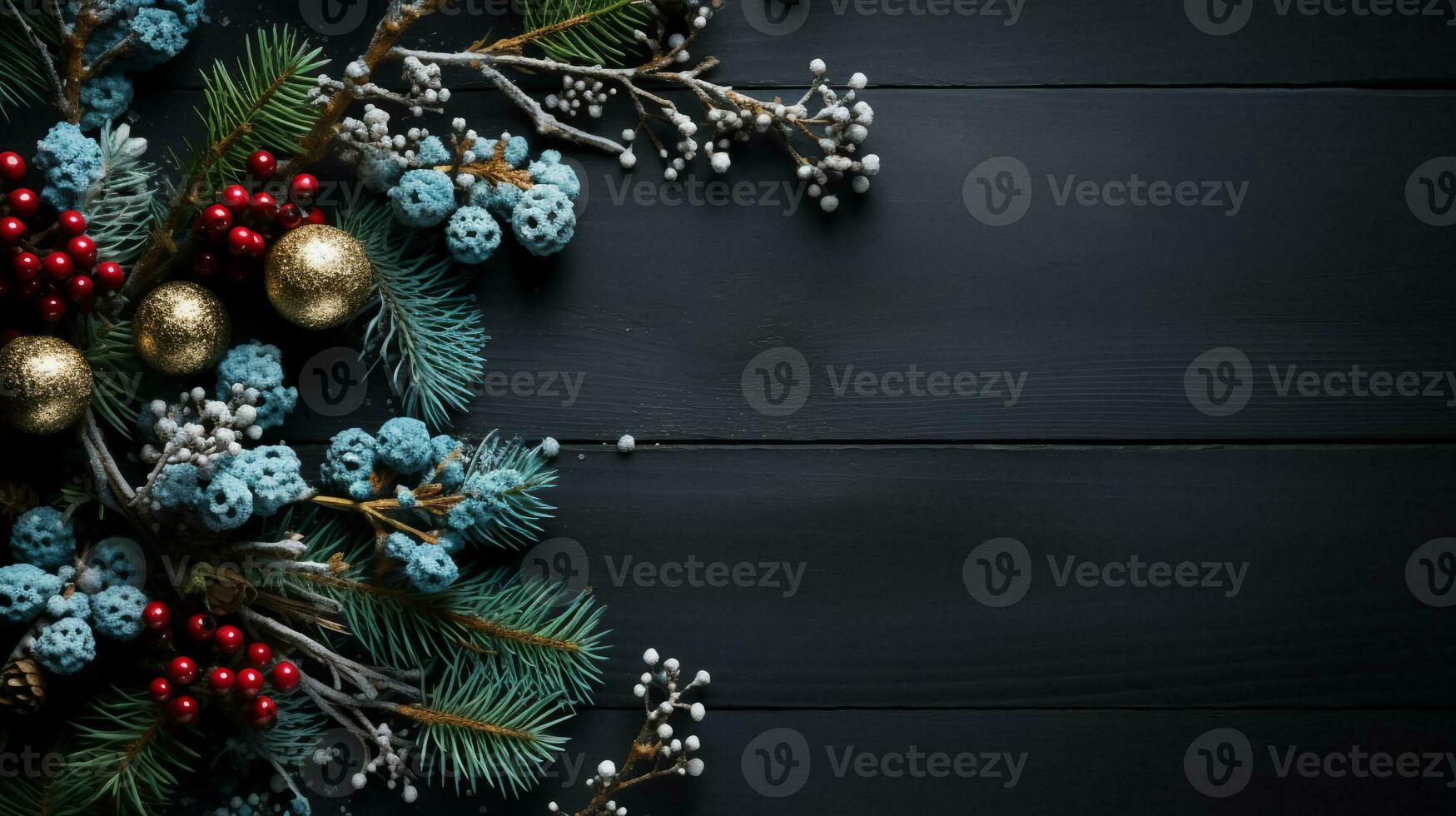 Christmas background with decoration with fir branches and red berries on dark blue wood table, Winter holiday greeting concept,Generative ai photo