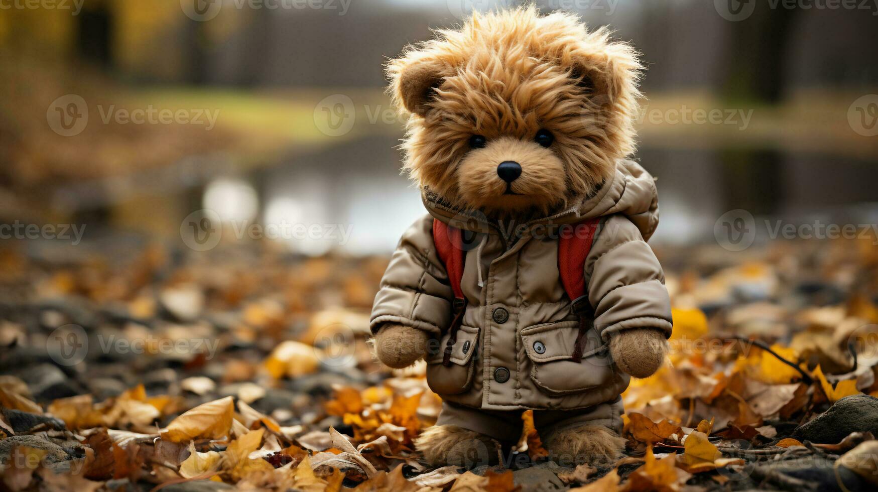 Lonely Teddy bear doll standing alone with blurry autumn forest background,Lost brown bear toy looking sad,International missing children's day,Generative Ai photo