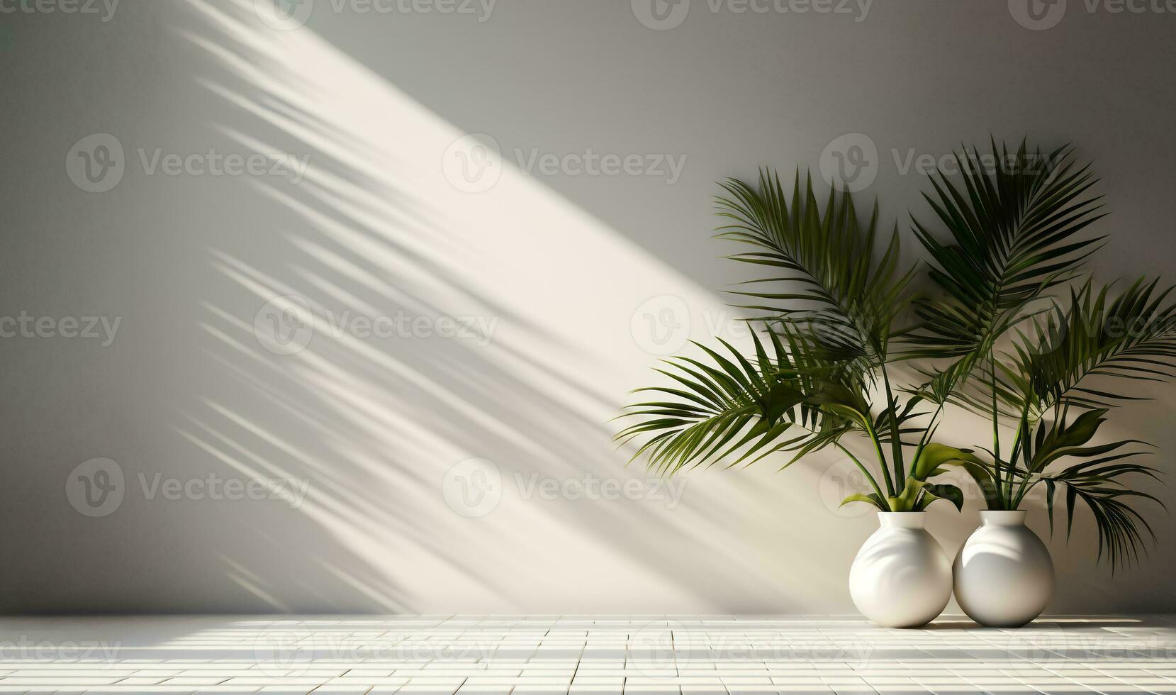 White studio background shadows leaves on wall for product presentation.Empty Display room with palm leaves,Generative ai photo