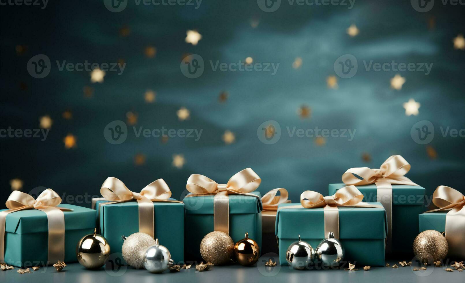 Christmas background with gift box on wood floor with blurry star shape on blue wall,Concept for New year or Winter holiday sale promotion banner,Generative Ai photo