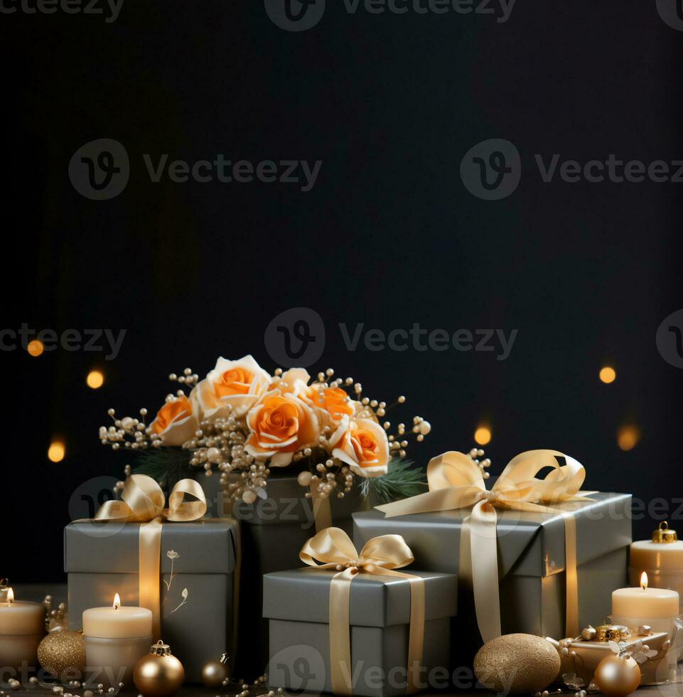 Christmas background with gift box on marble floor with blurry light on dark brown wall,Concept for New year or Winter holiday sale promotion banner,Generative Ai photo