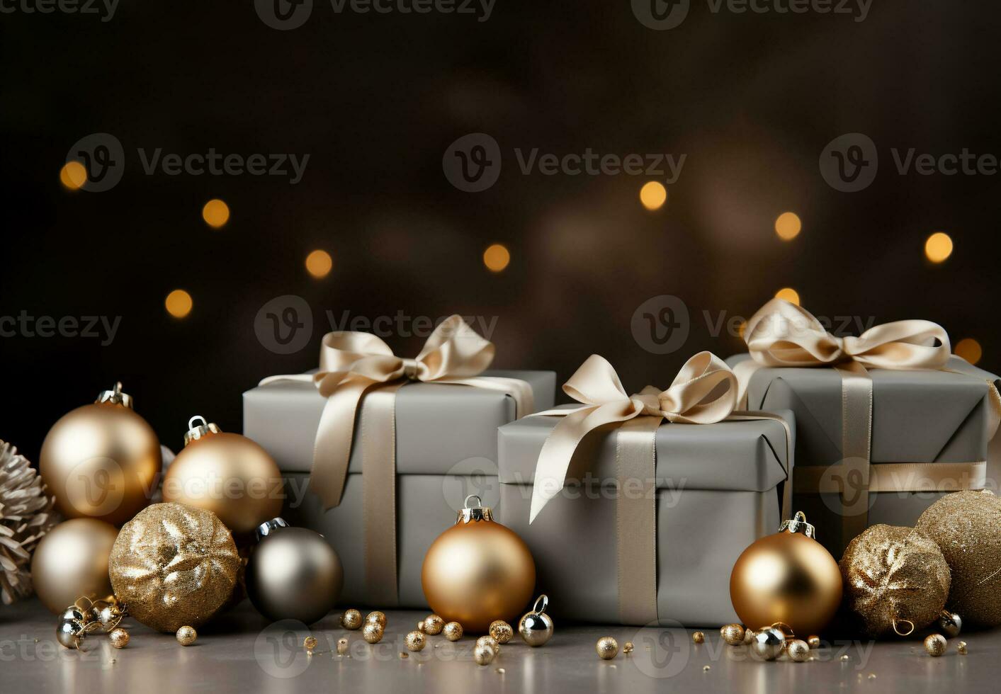 Christmas background with gift box on marble floor with blurry light on dark brown wall,Concept for New year or Winter holiday sale promotion banner,Generative Ai photo