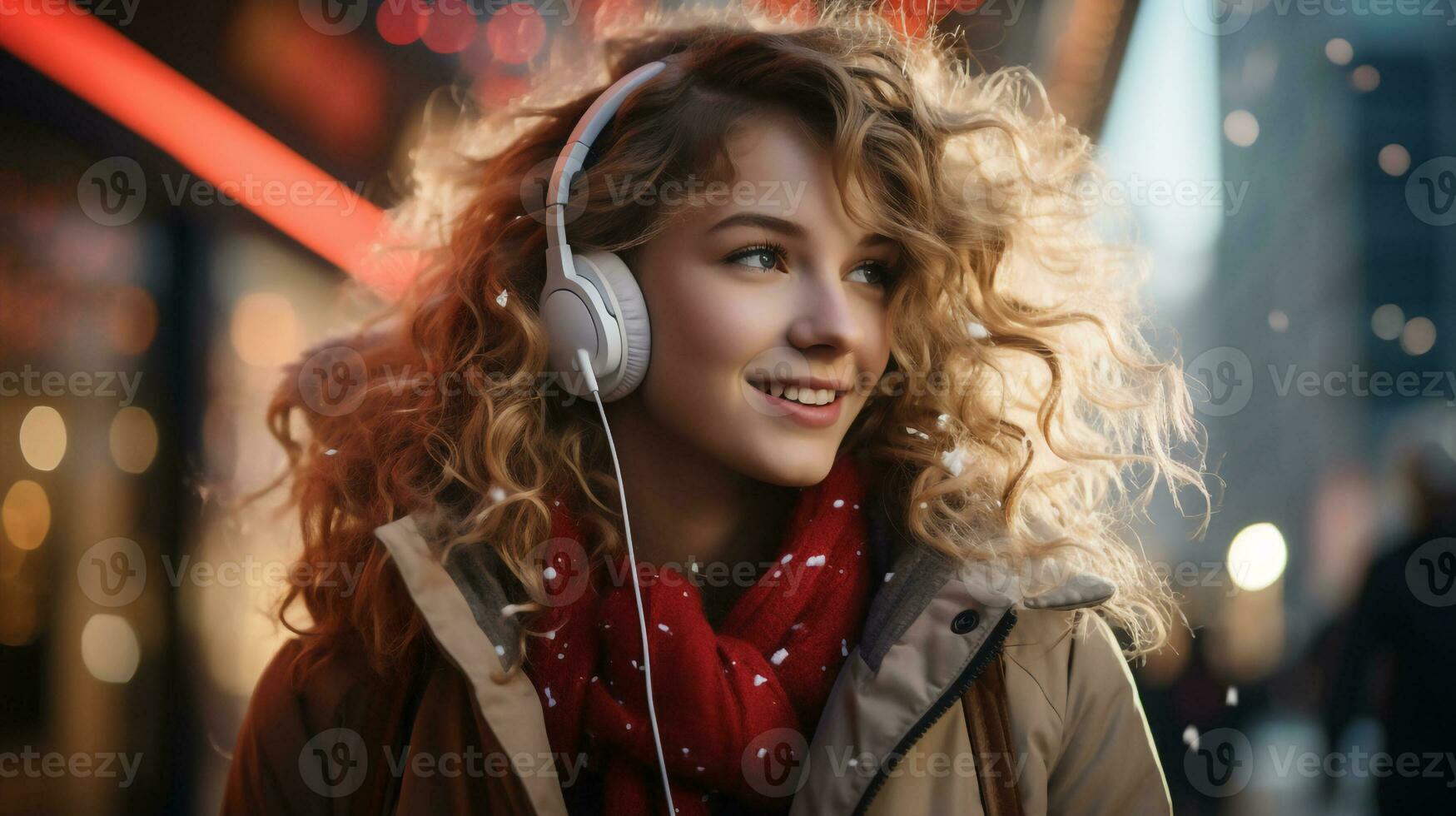 Outdoor portrait of young beautiful happy smiling girl wearing headphones with stylish wunter cloth standing on street city with snowfall and blurry bokeh festive garland,Generative Ai photo