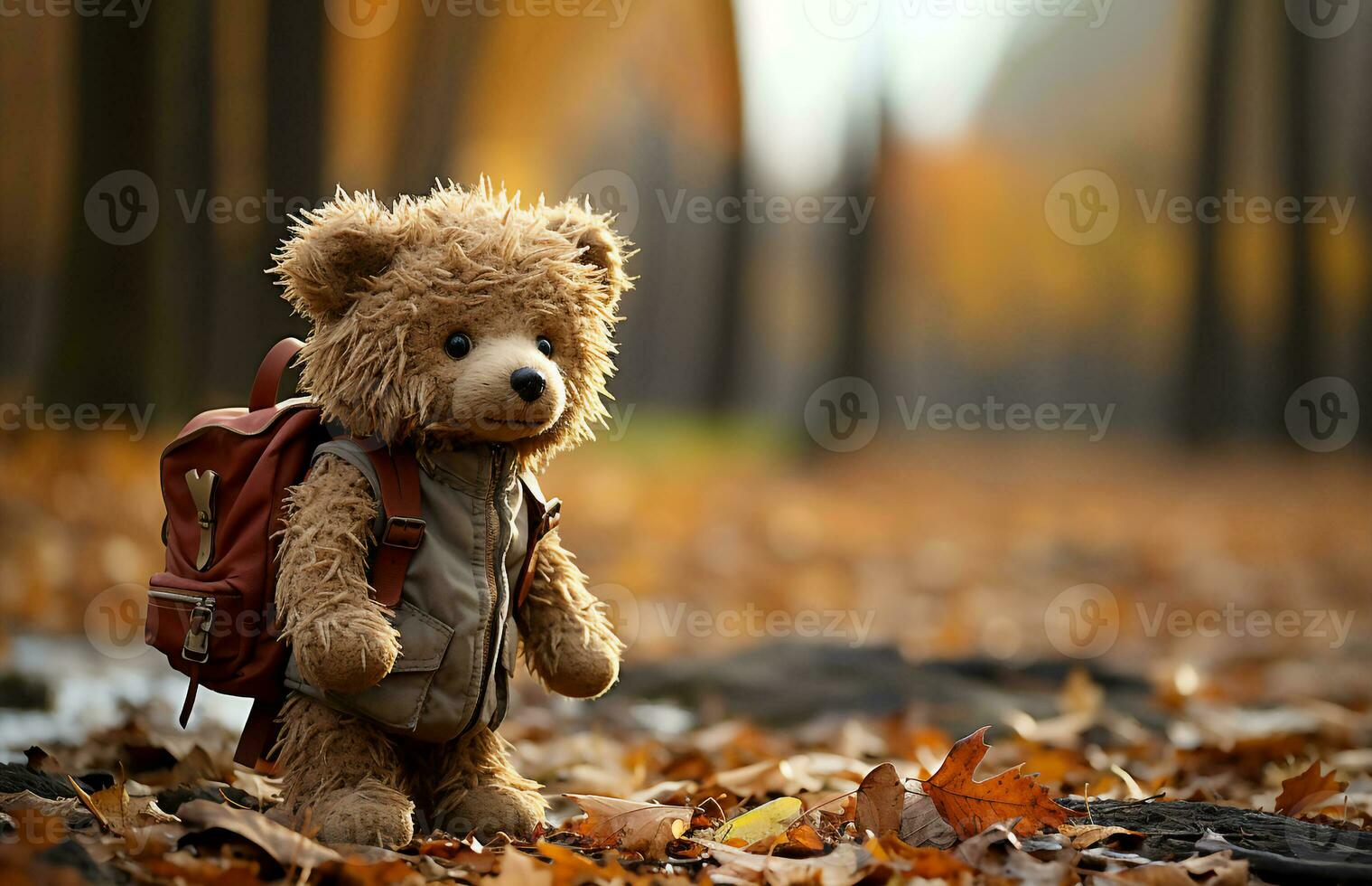 Lonely Teddy bear doll standing alone with blurry autumn forest background,Lost brown bear toy looking sad,International missing children's day,Generative Ai photo