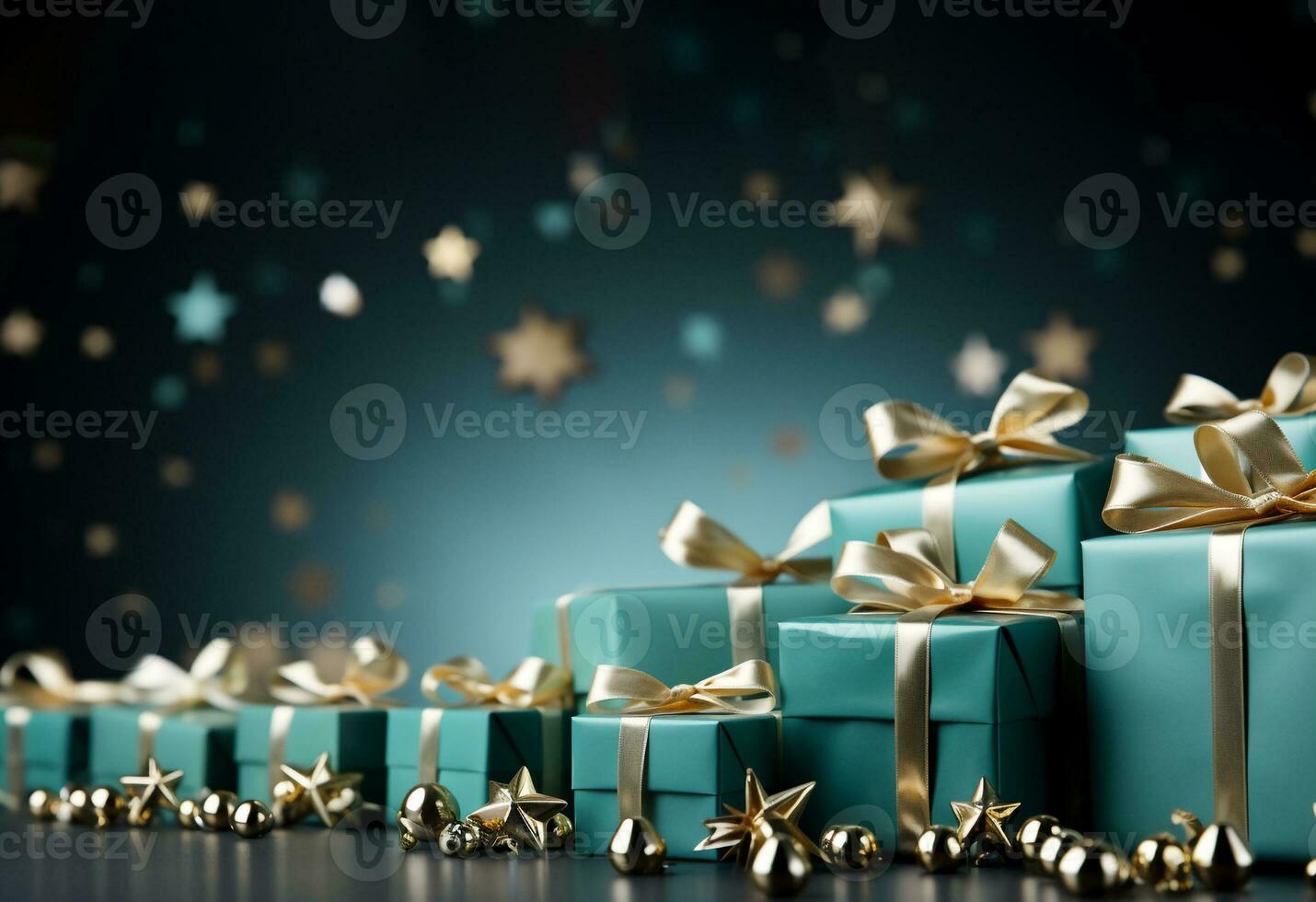 Christmas background with gift box on wood floor with blurry star shape on blue wall,Concept for New year or Winter holiday sale promotion banner,Generative Ai photo
