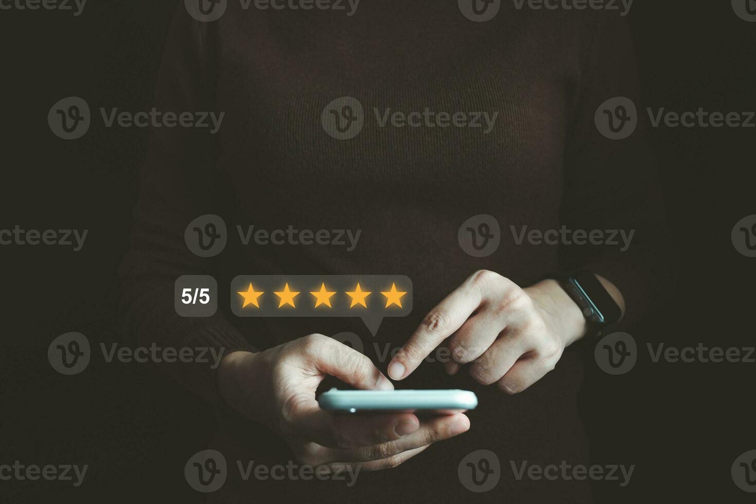 Satisfied customer experience concept, happy business customer using smartphone, the best review, High quality service, Most rated, the highest score, 5 stars, Social media very good. photo