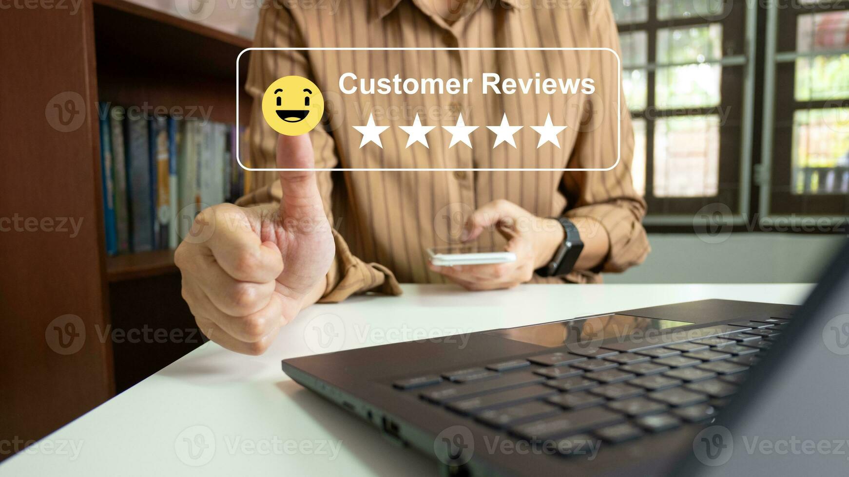 Satisfied customer experience concept, happy business customer using smartphone, the best review, High quality service, Most rated, the highest score, 5 stars, Social media very good. photo