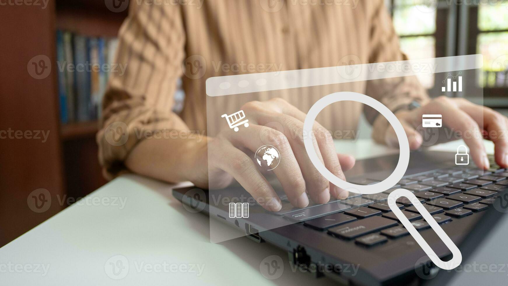 SEO Search Engine Optimization, Searching for information on Internet with PC, using website search bar to find the desired data, global data connection, shopping online, database storage system. photo