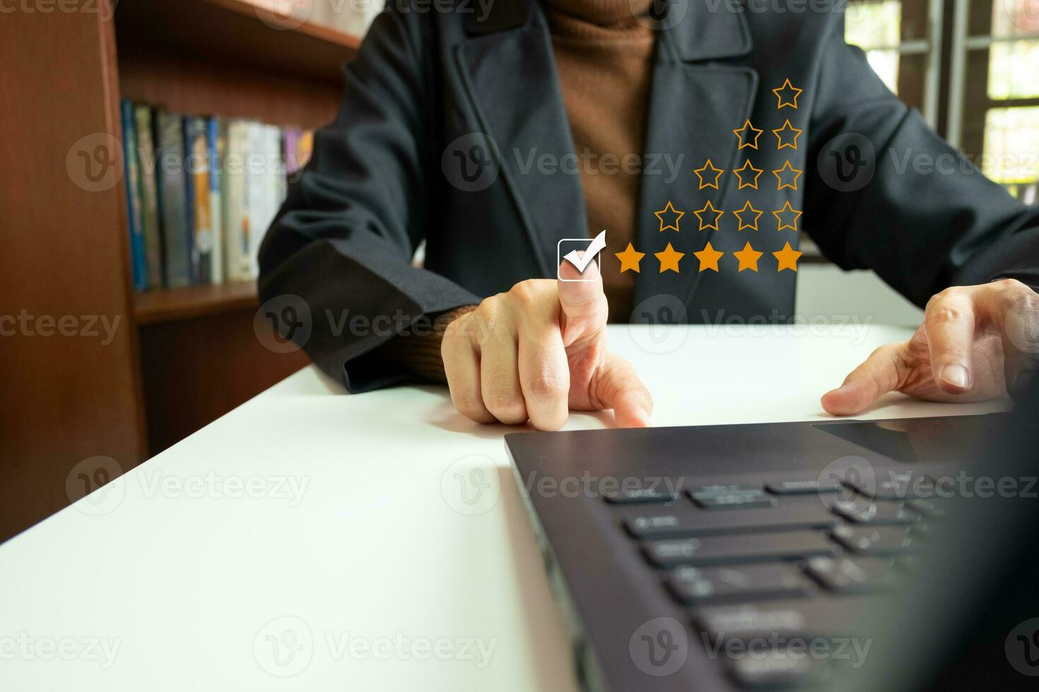 Satisfied customer experience concept, happy business customer using smartphone, the best review, High quality service, Most rated, the highest score, 5 stars, Social media very good. photo