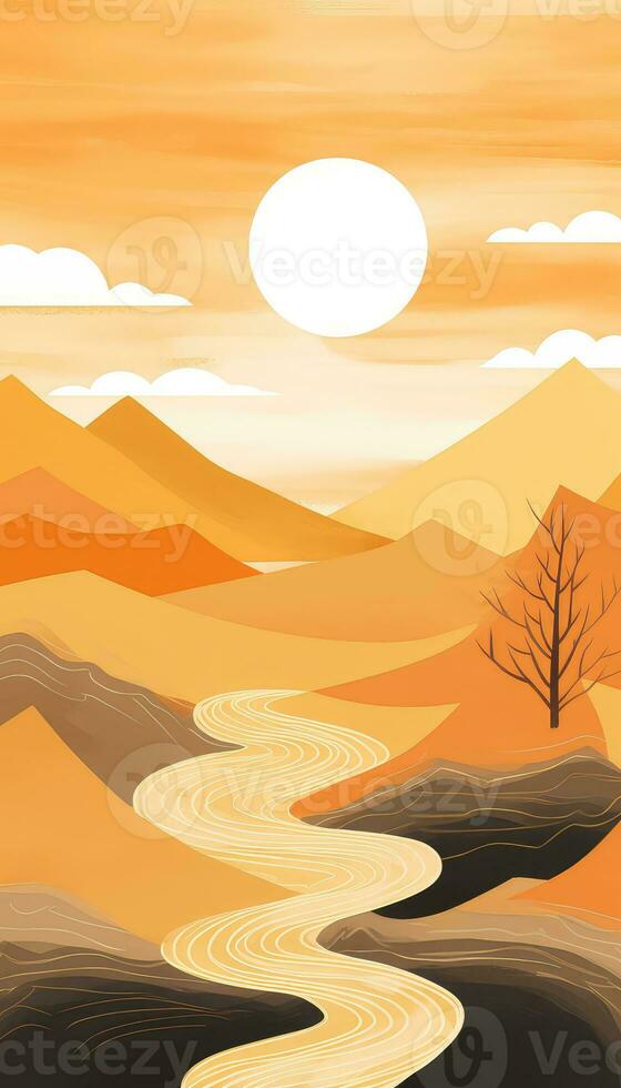 Light Orange Watercolor Mountainscape with Mingei Pop-Inspired Sun AI generated photo