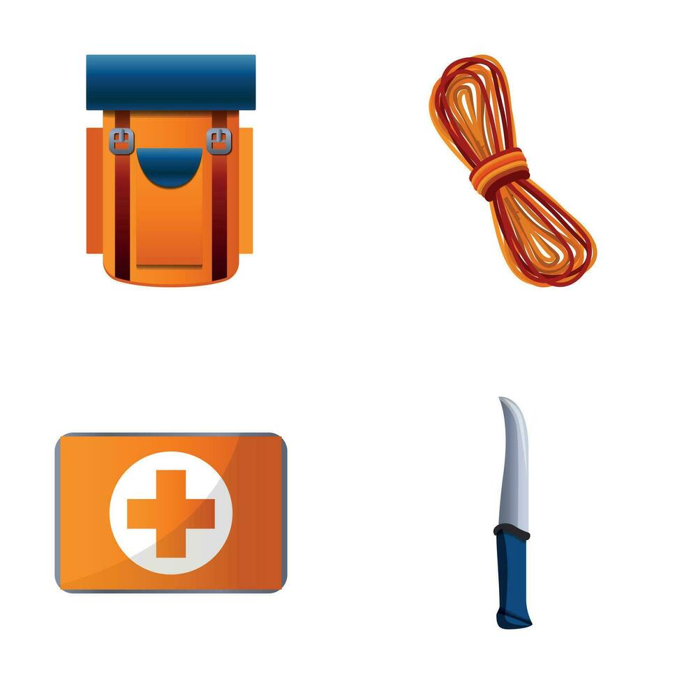 Tourist equipment icons set cartoon vector. Sport tourism vector