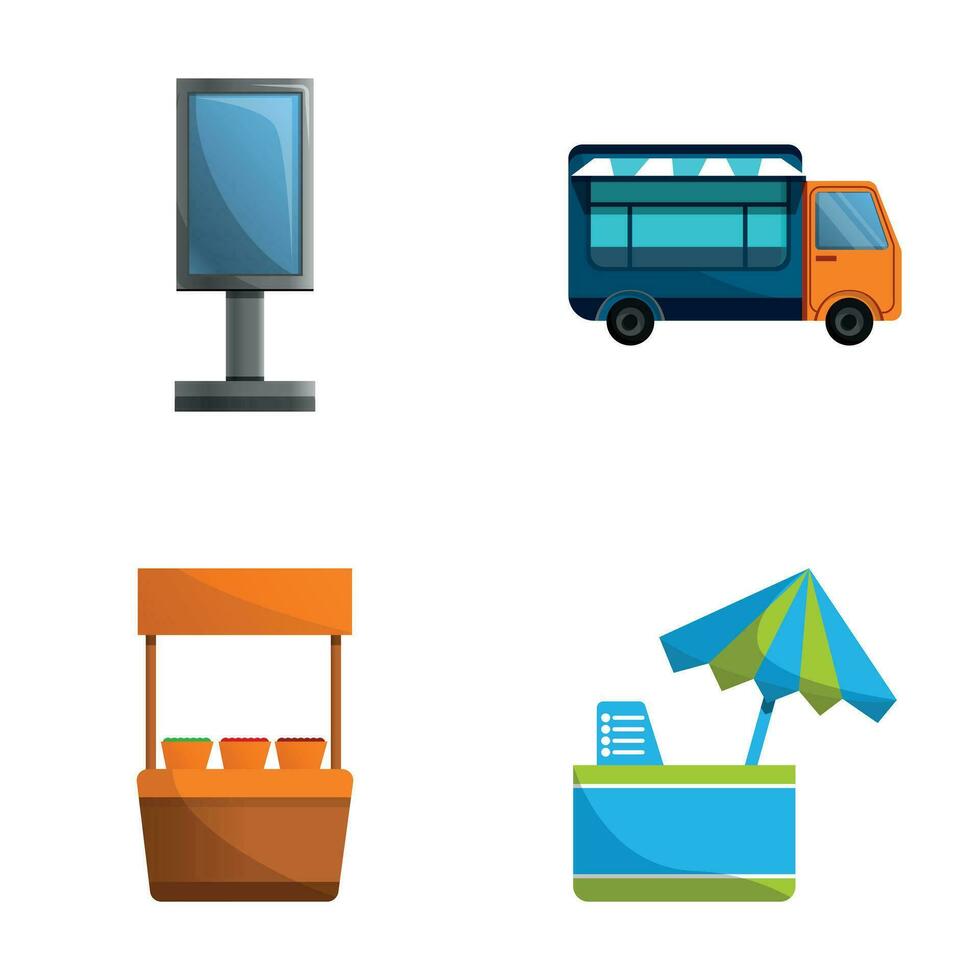 Street vending icons set cartoon vector. Street stall and food truck vector