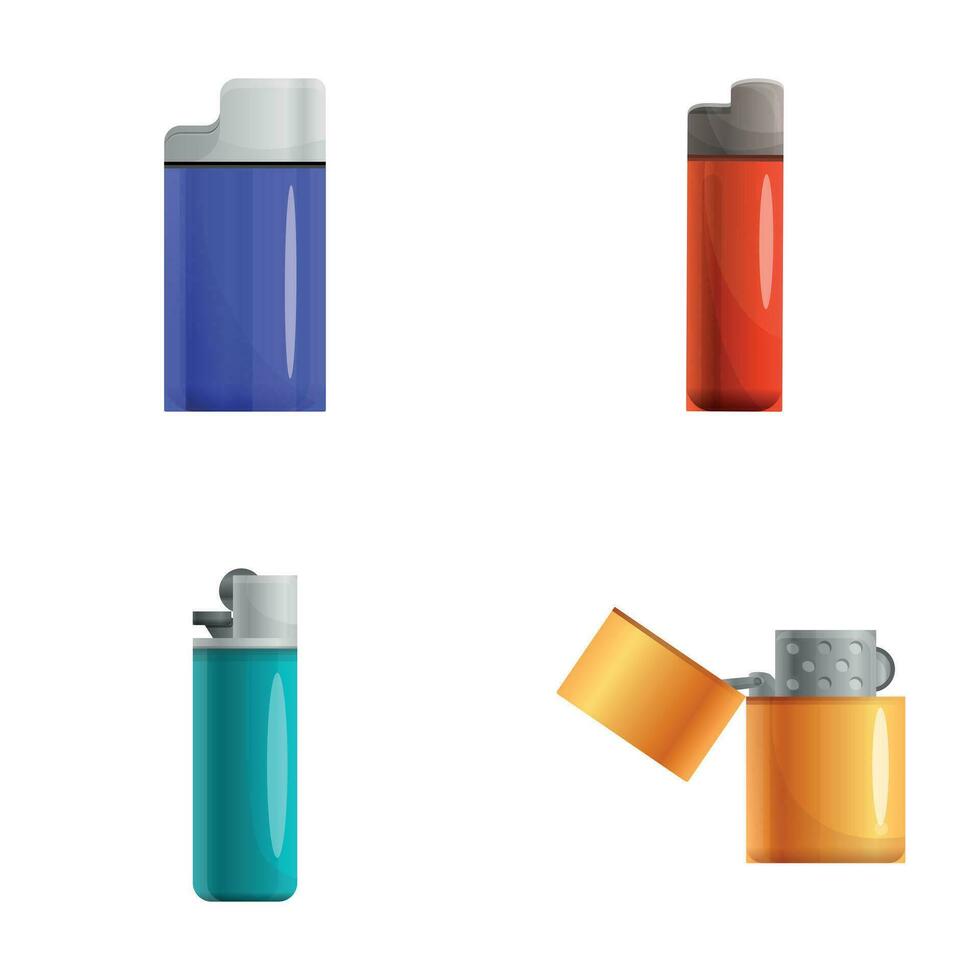 Lighter icons set cartoon vector. Metallic and plastic lighter vector