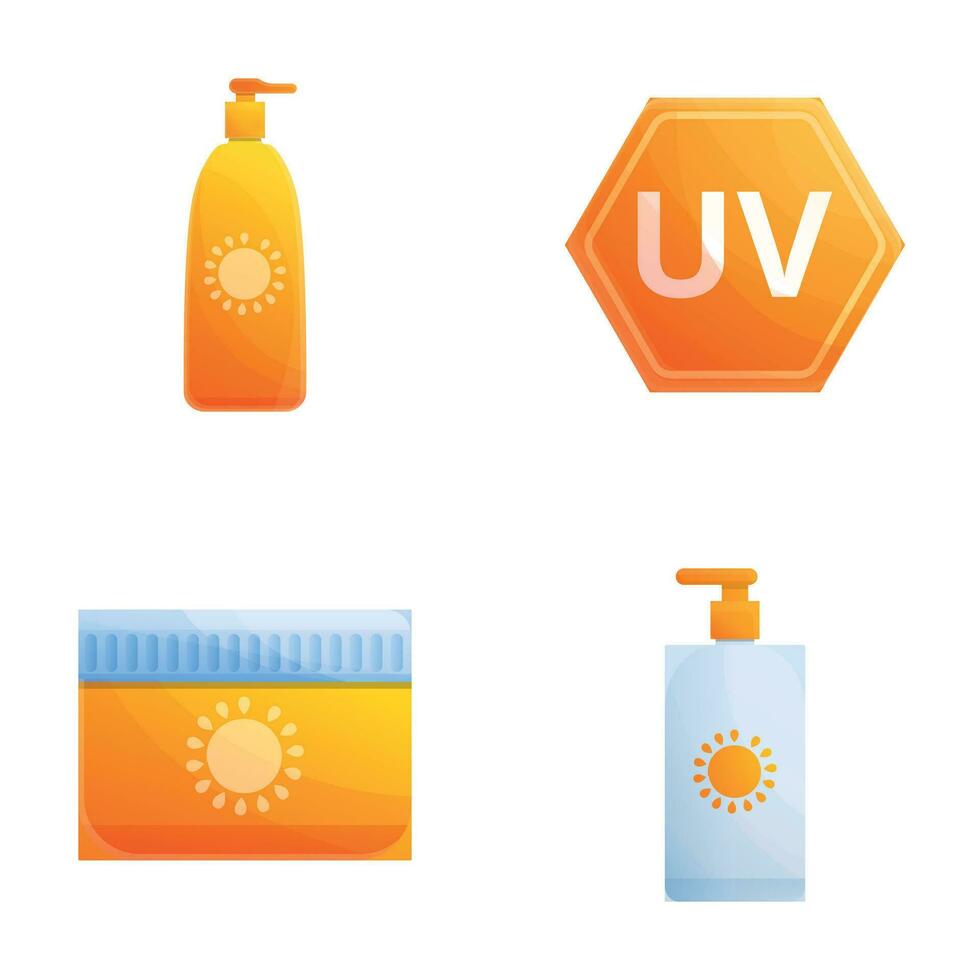 Sunscreen icons set cartoon vector. Sunscreen bottle and uv shield vector