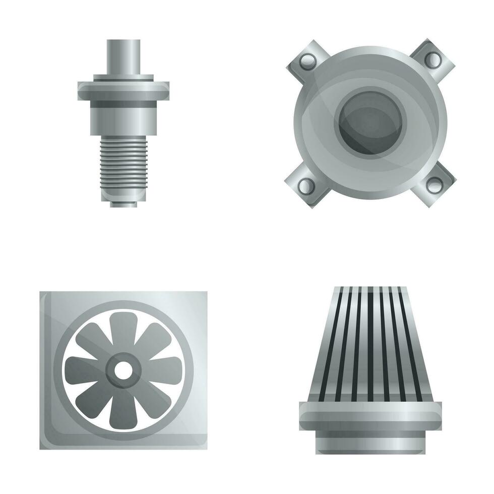 Metal part icons set cartoon vector. New spare part for car vector