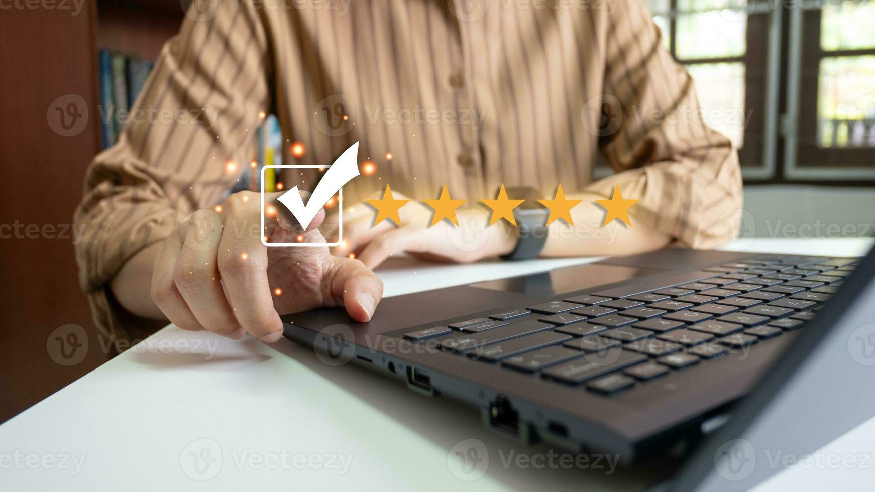 Satisfied customer experience concept, happy business customer using smartphone, the best review, High quality service, Most rated, the highest score, 5 stars, Social media very good. photo