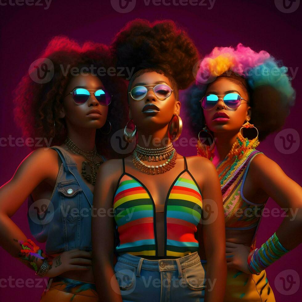 A digital artwork of a woman in sunglasses and curly hair standing in front of a colorful background. Ai generated photo