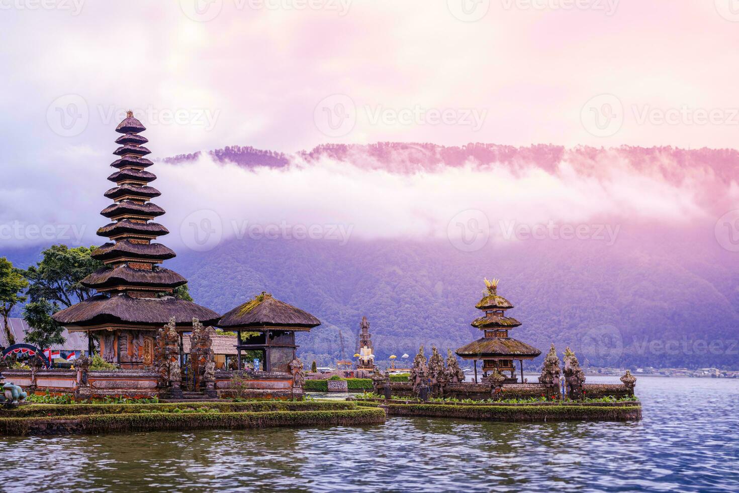 Pura Ulun Danu Bratan. Hindu temple on Bratan lake landscape. One of famous tourist attraction in Bali. Indonesia photo