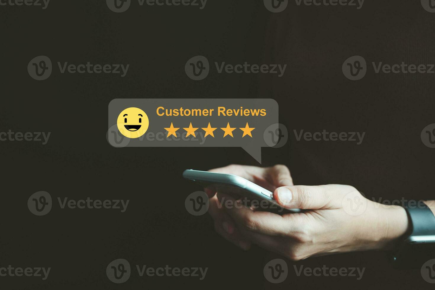 Satisfied customer experience concept, happy business customer using smartphone, the best review, High quality service, Most rated, the highest score, 5 stars, Social media very good. photo