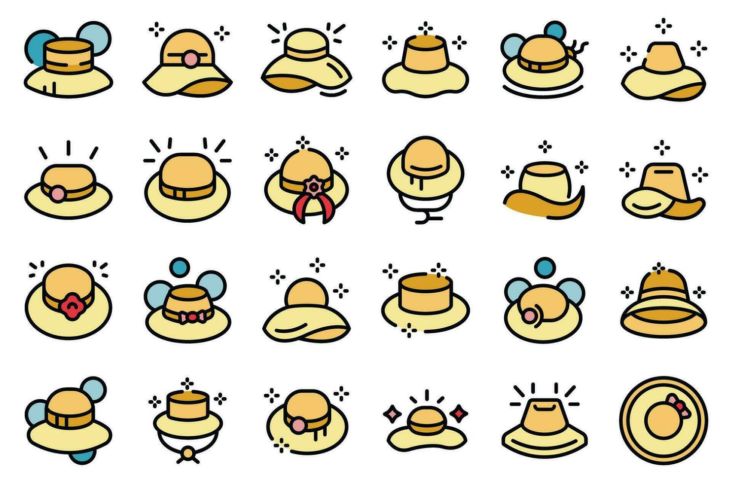 Beach hat icons set vector color line