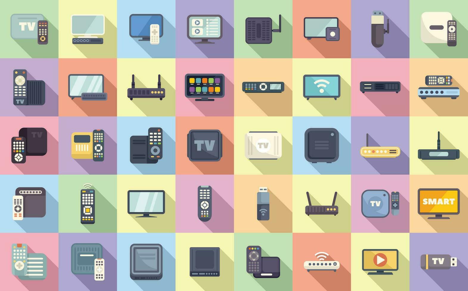 Smart TV box icons set flat vector. Cable device vector