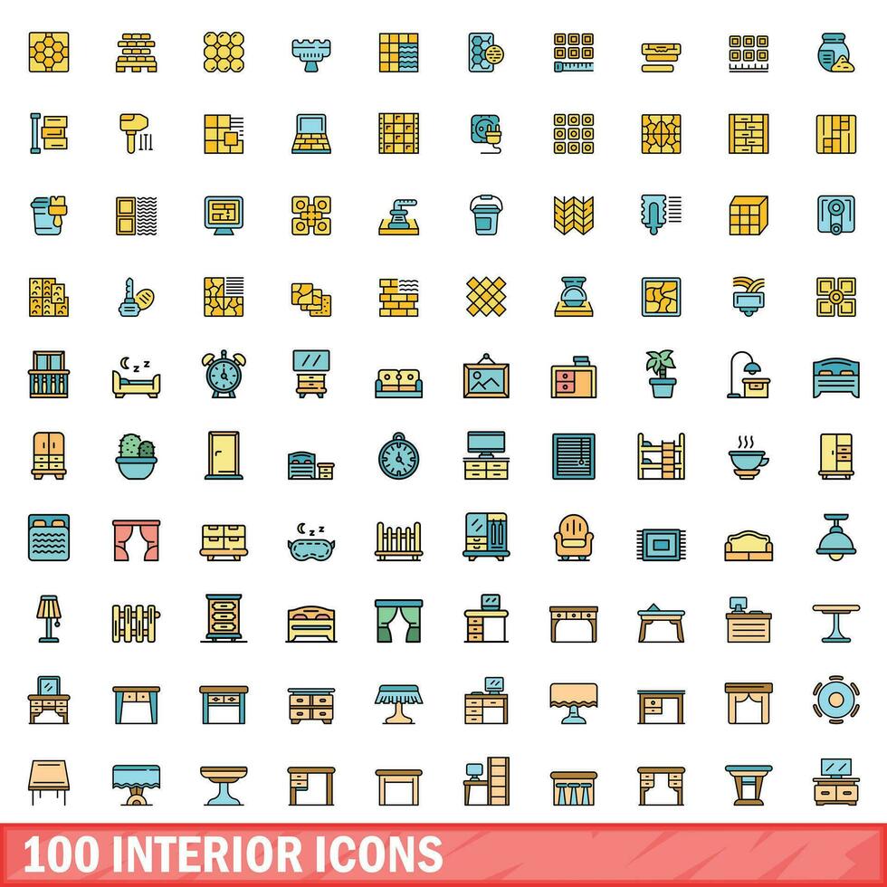 100 interior icons set, color line style vector