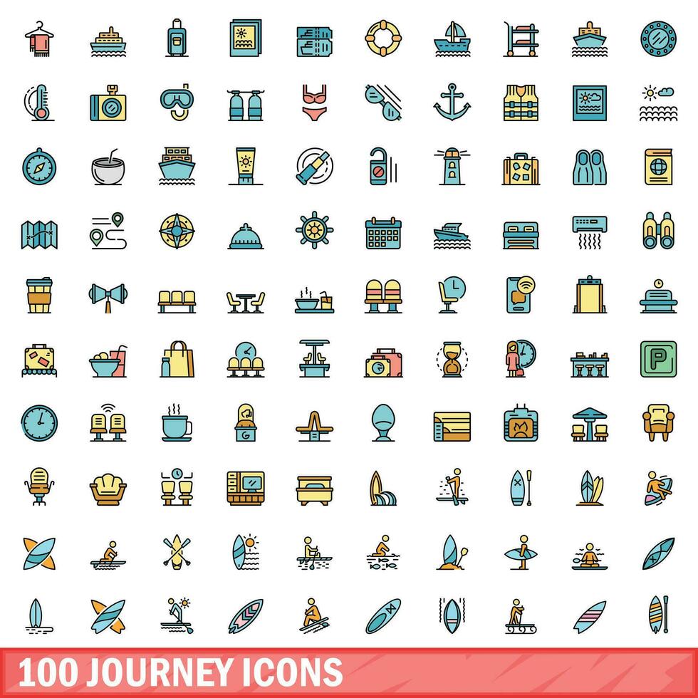 100 journey icons set, color line style vector