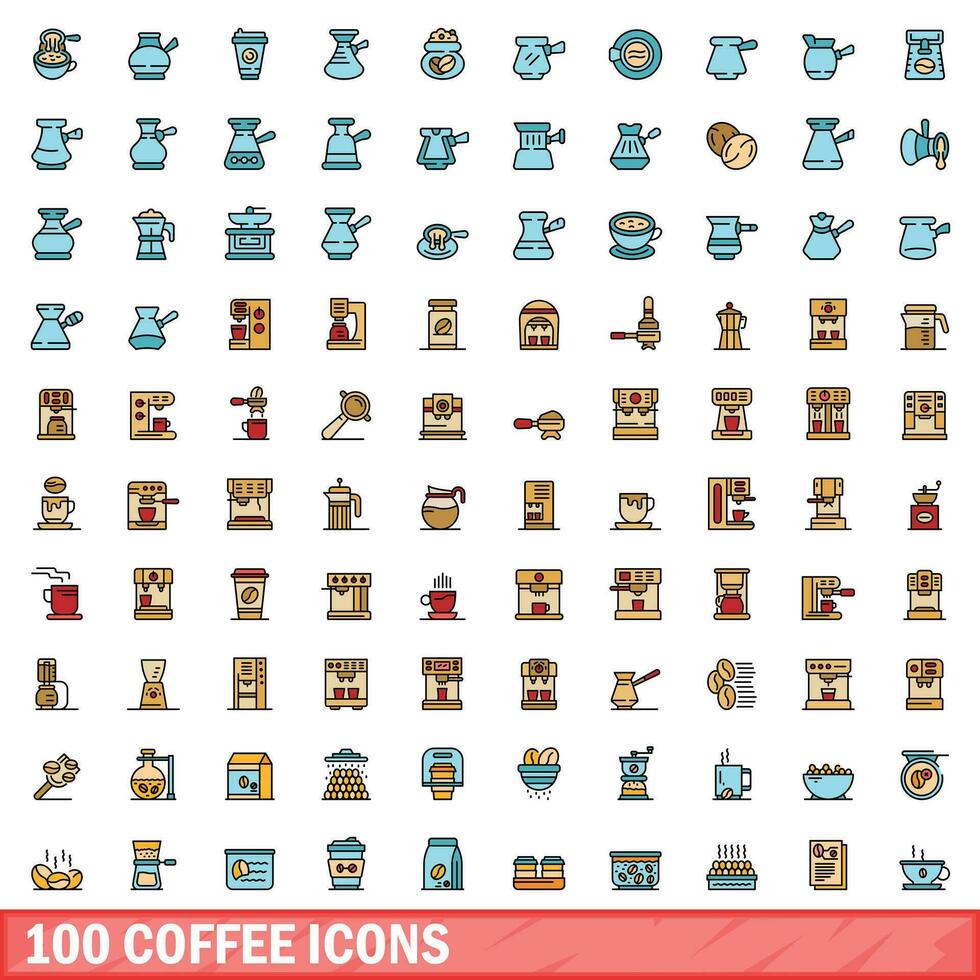 100 coffee icons set, color line style vector