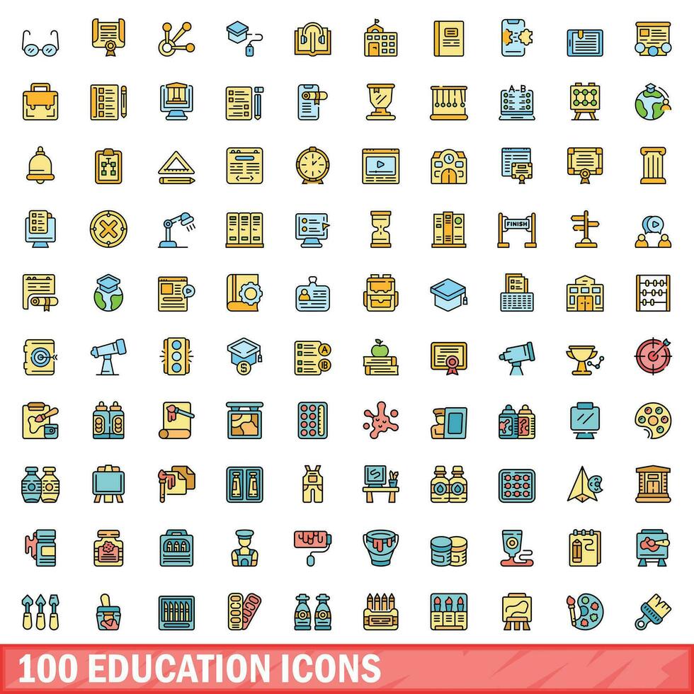 100 education icons set, color line style vector