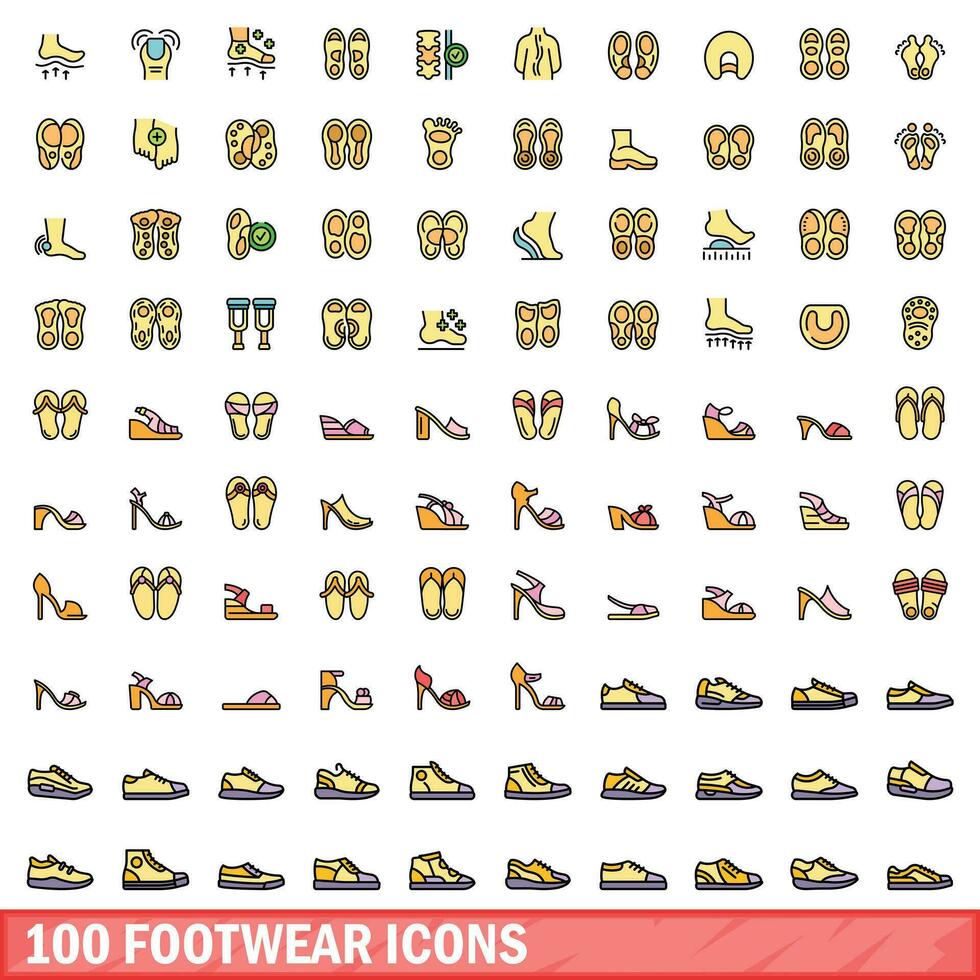100 footwear icons set, color line style vector