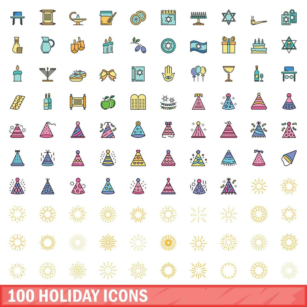 100 holiday icons set, color line style vector