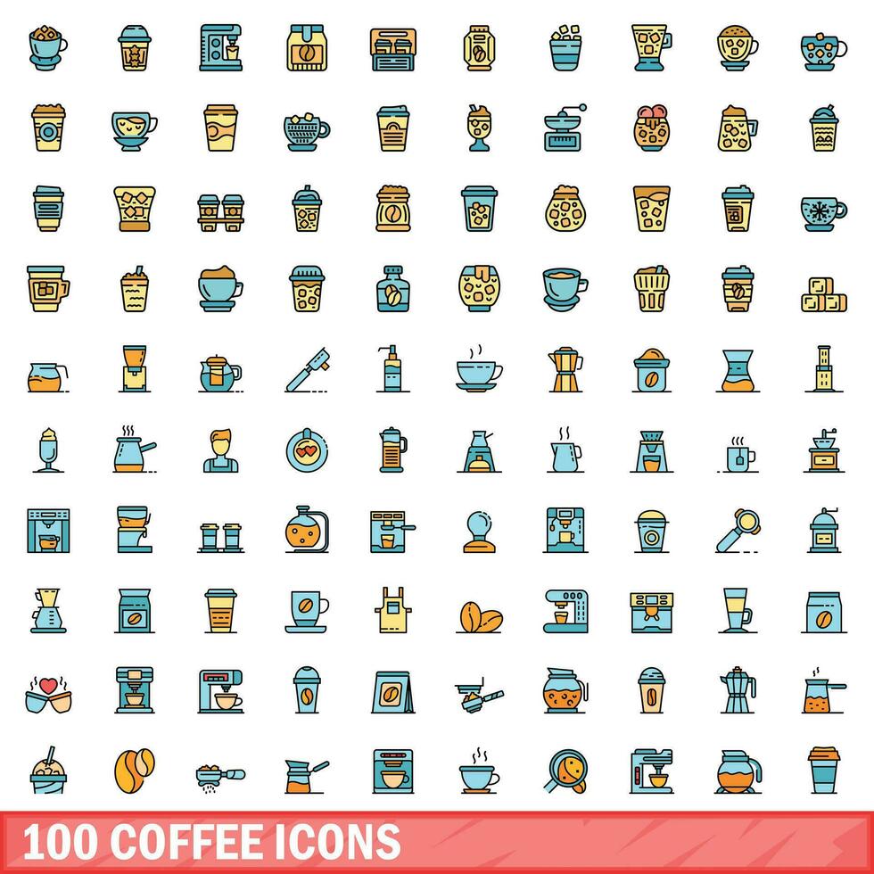 100 coffee icons set, color line style vector