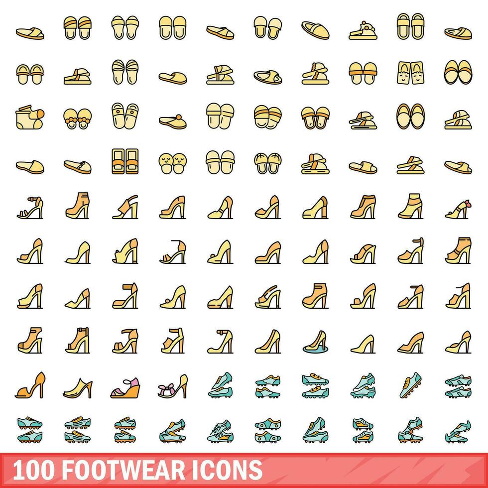 100 footwear icons set, color line style vector