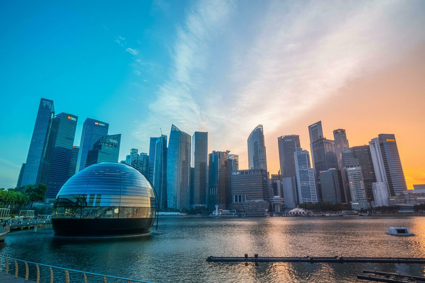 Singapore, August 14, 2023, Floating Apple store at Central Business District with sunset sky photo