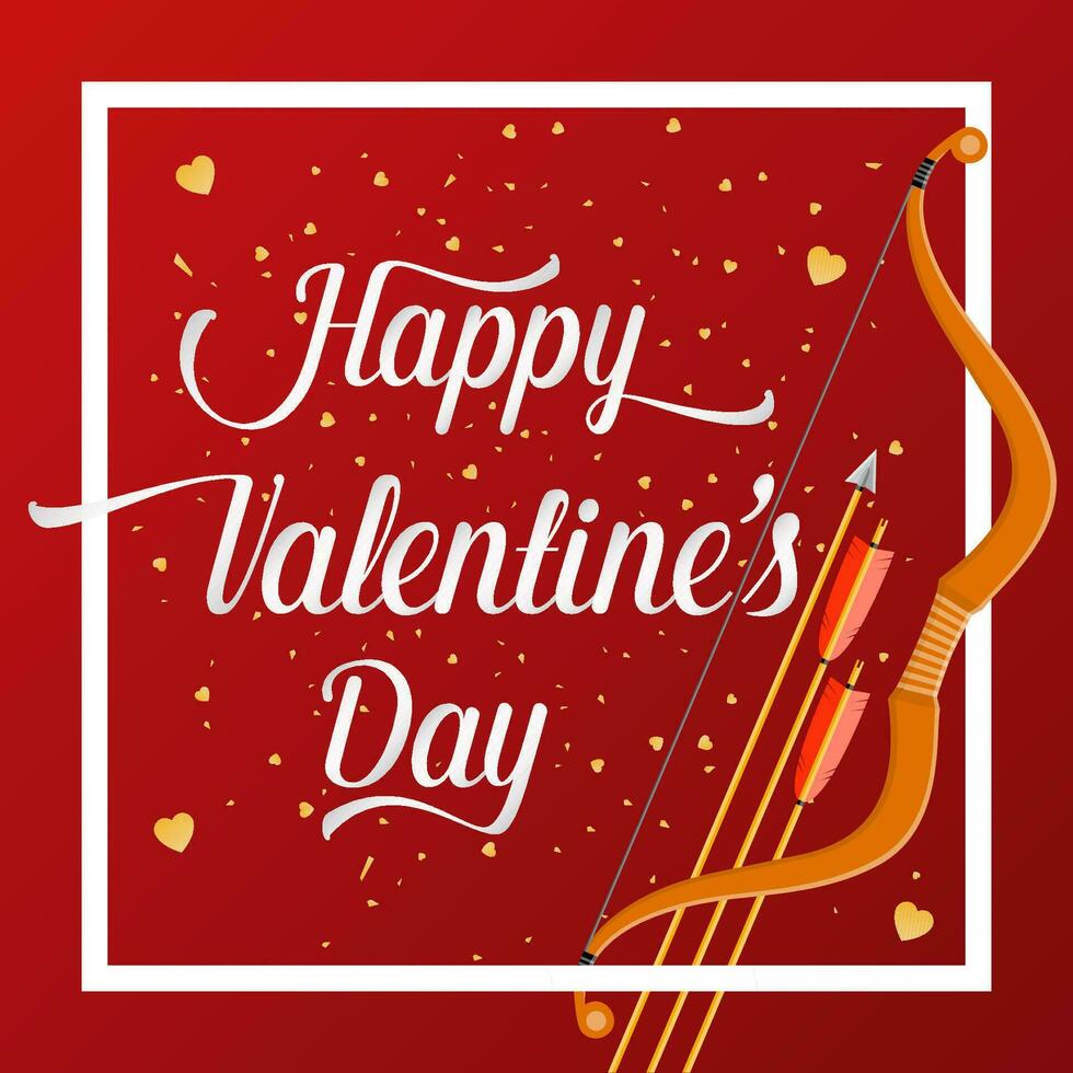 Happy Valentines Day lettering text with golden bow and arrow . vector