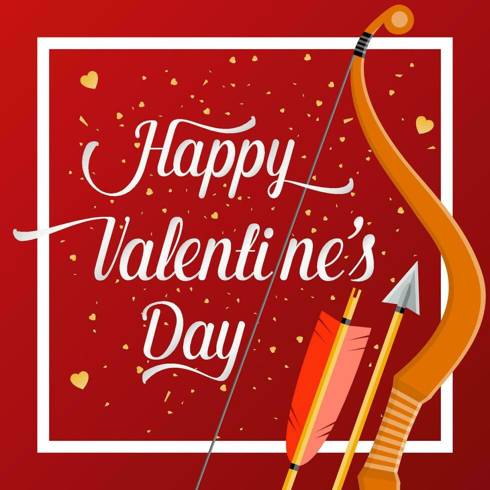 Happy Valentines Day lettering text with golden bow and arrow . vector
