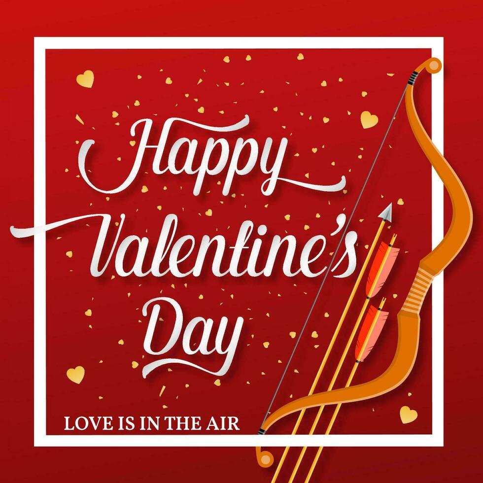 Happy Valentines Day lettering text with golden bow and arrow . vector