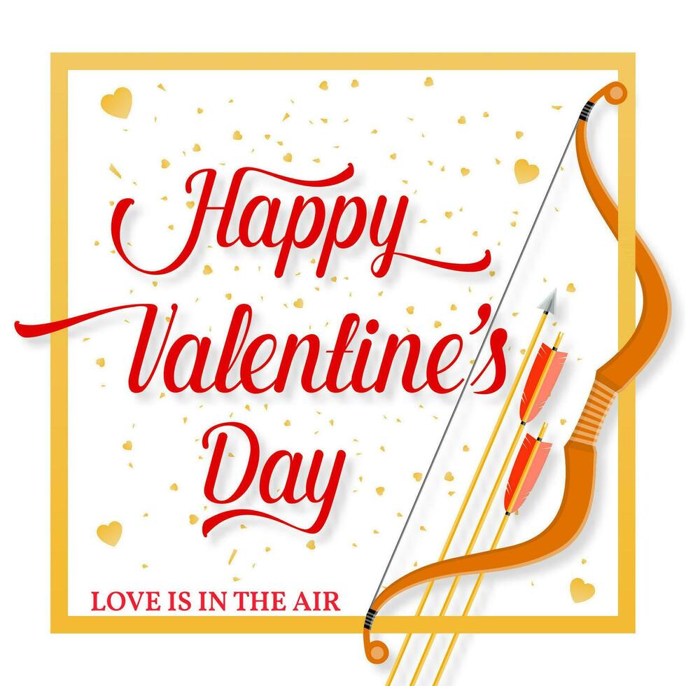 Happy Valentines Day lettering text with golden bow and arrow . vector