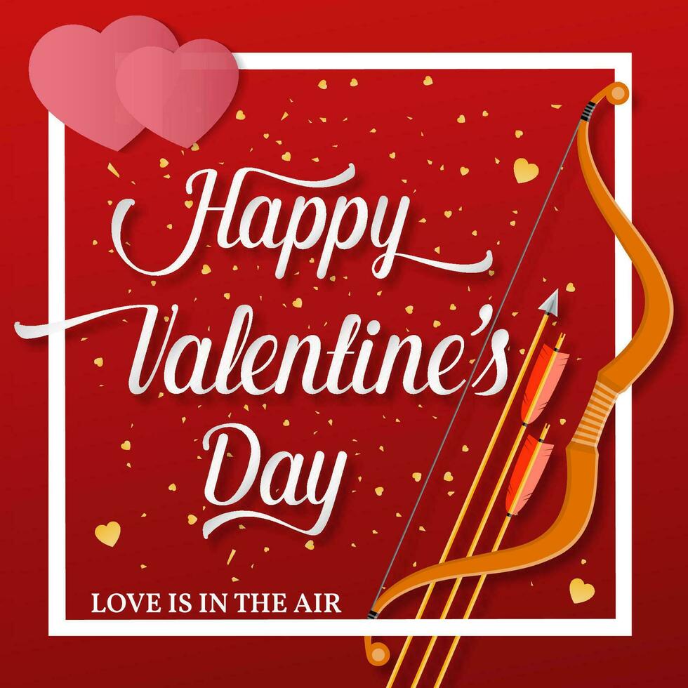 Happy Valentines Day lettering text with golden bow and arrow . vector