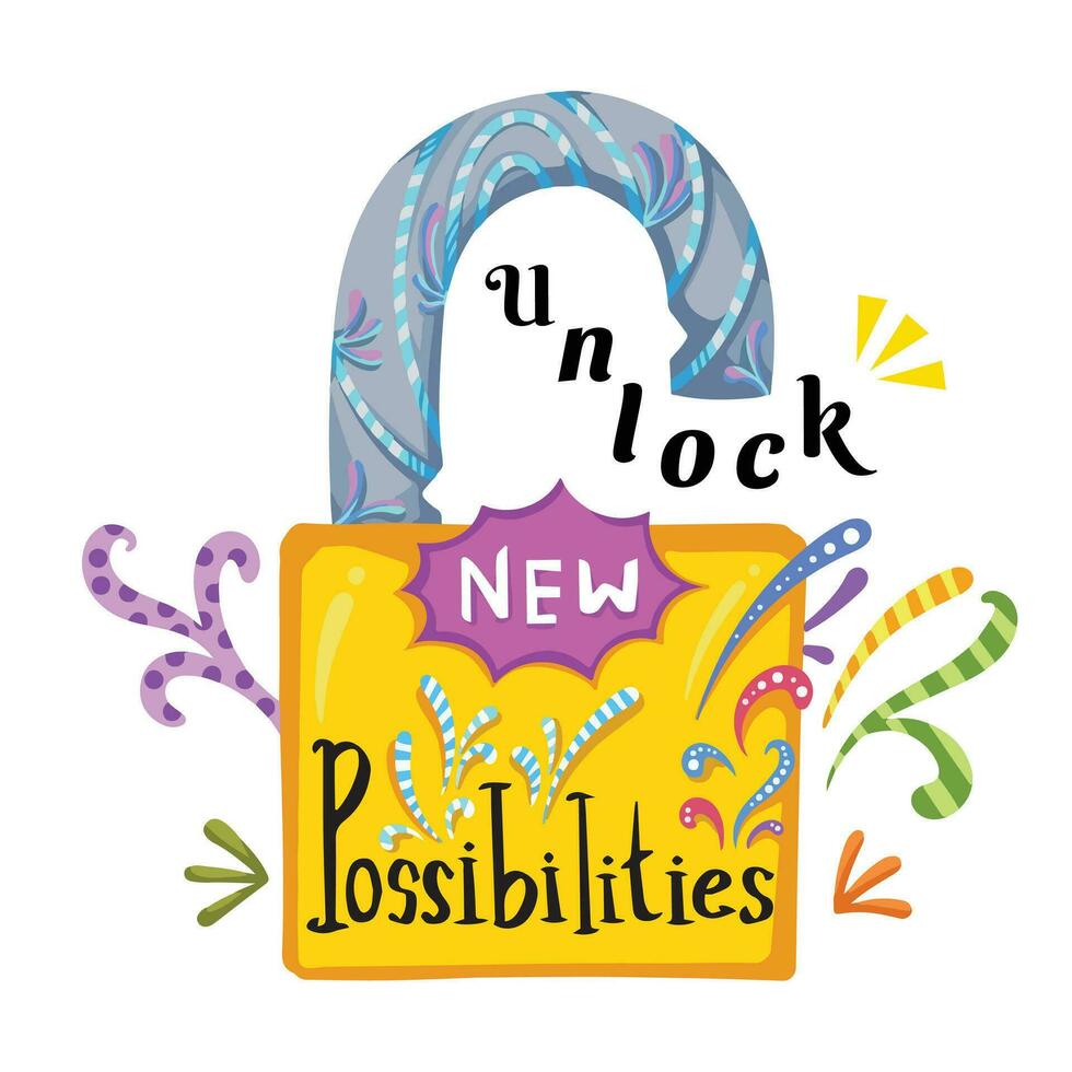 Unlock new possibilities, with golden yellow padlock vector illustration and abstract colorful decorative elements isolated on square white background. Simple flat colorful art styled drawing.