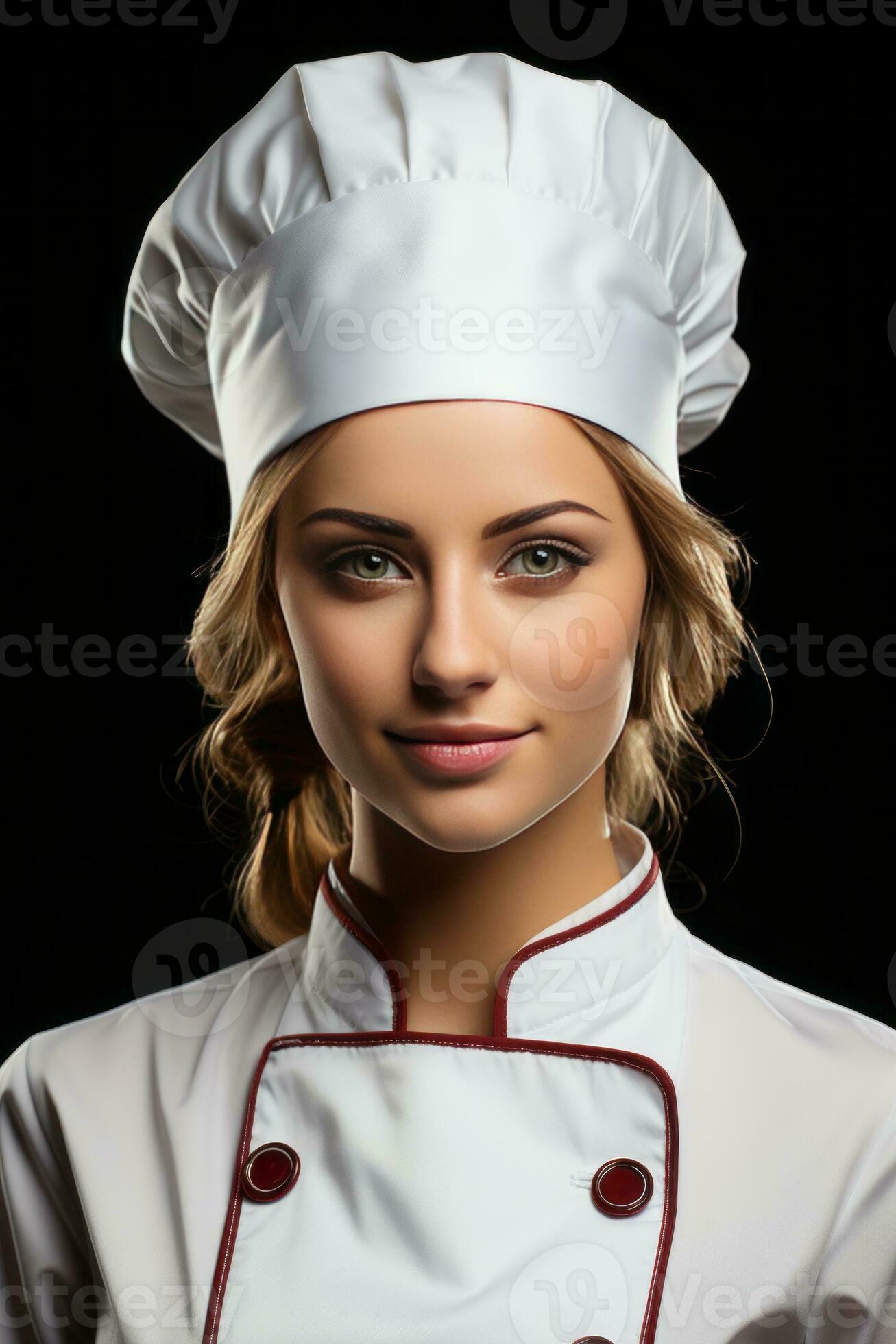 Beautiful young female chef in the kitchen, created with generative AI