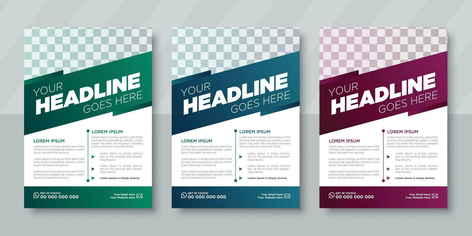 A bundle of three A4 flyer templates in different colors, modern business, abstract business, and creative design vector