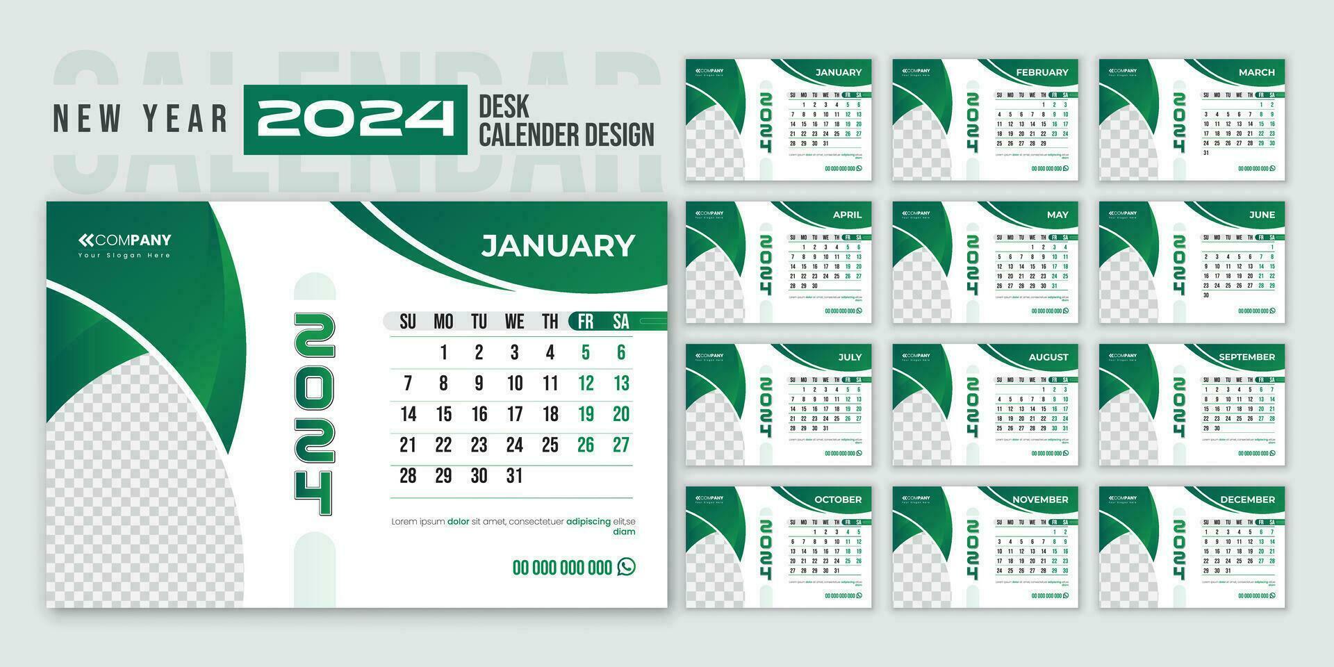 20024 modern calendar design with a 12-month date layout and green color shape vector