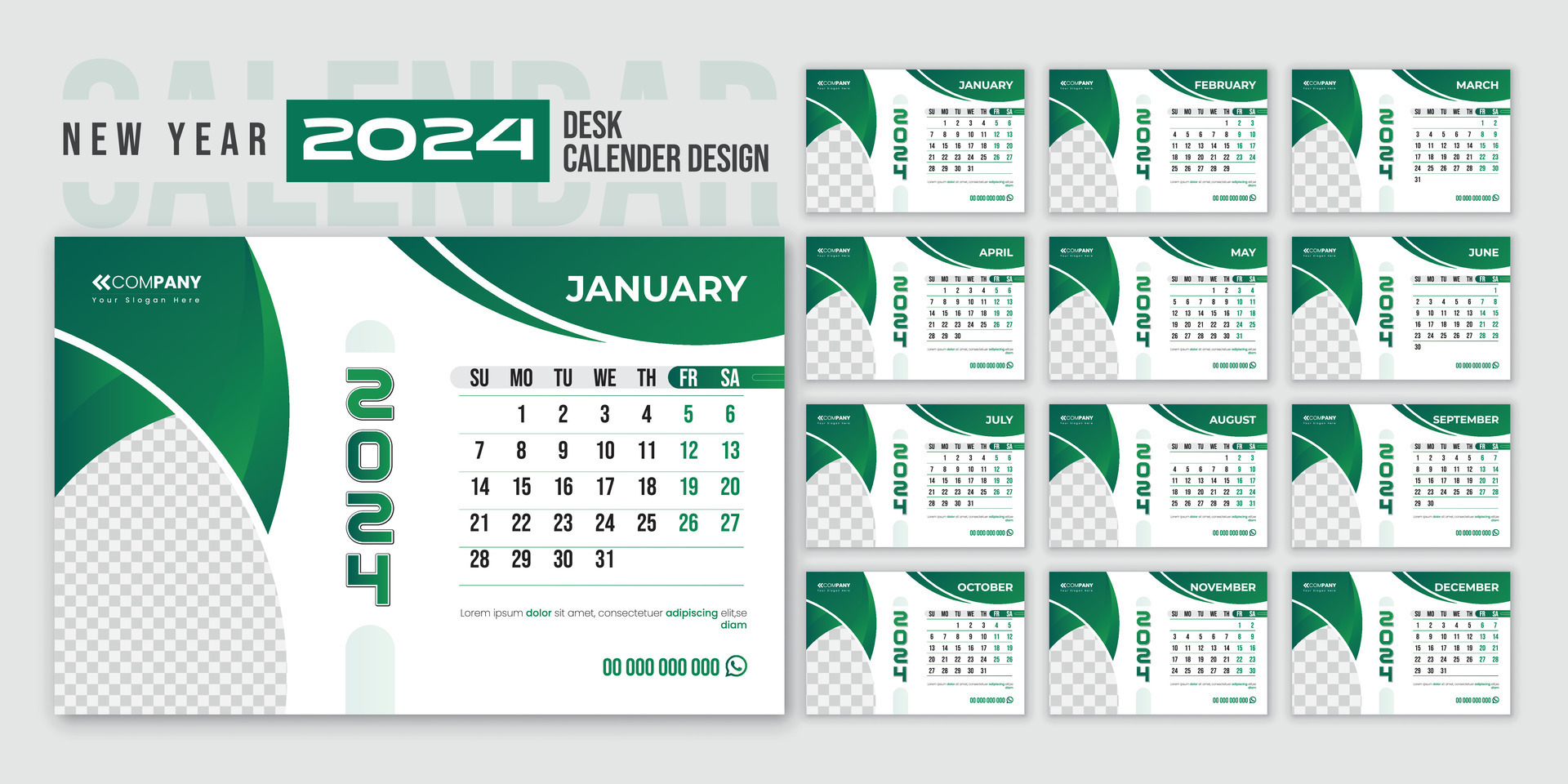 20024 modern calendar design with a 12month date layout and green