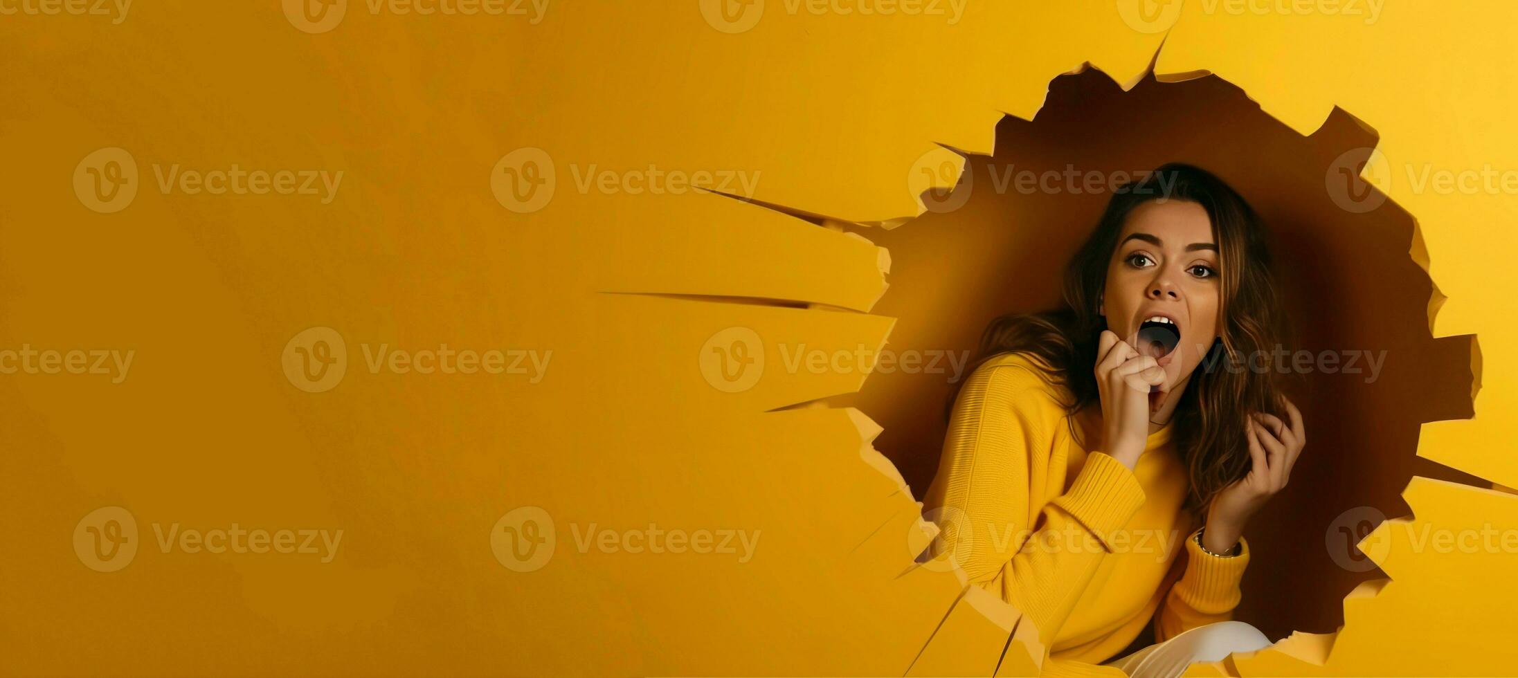 Woman surprised hole yellow banner. Generate Ai photo