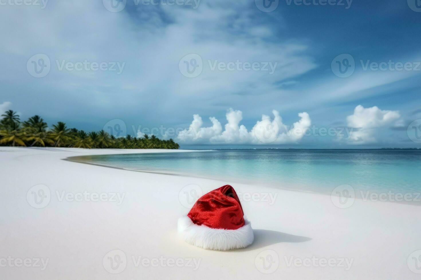 Santa beach hat on sand. Generate Ai photo