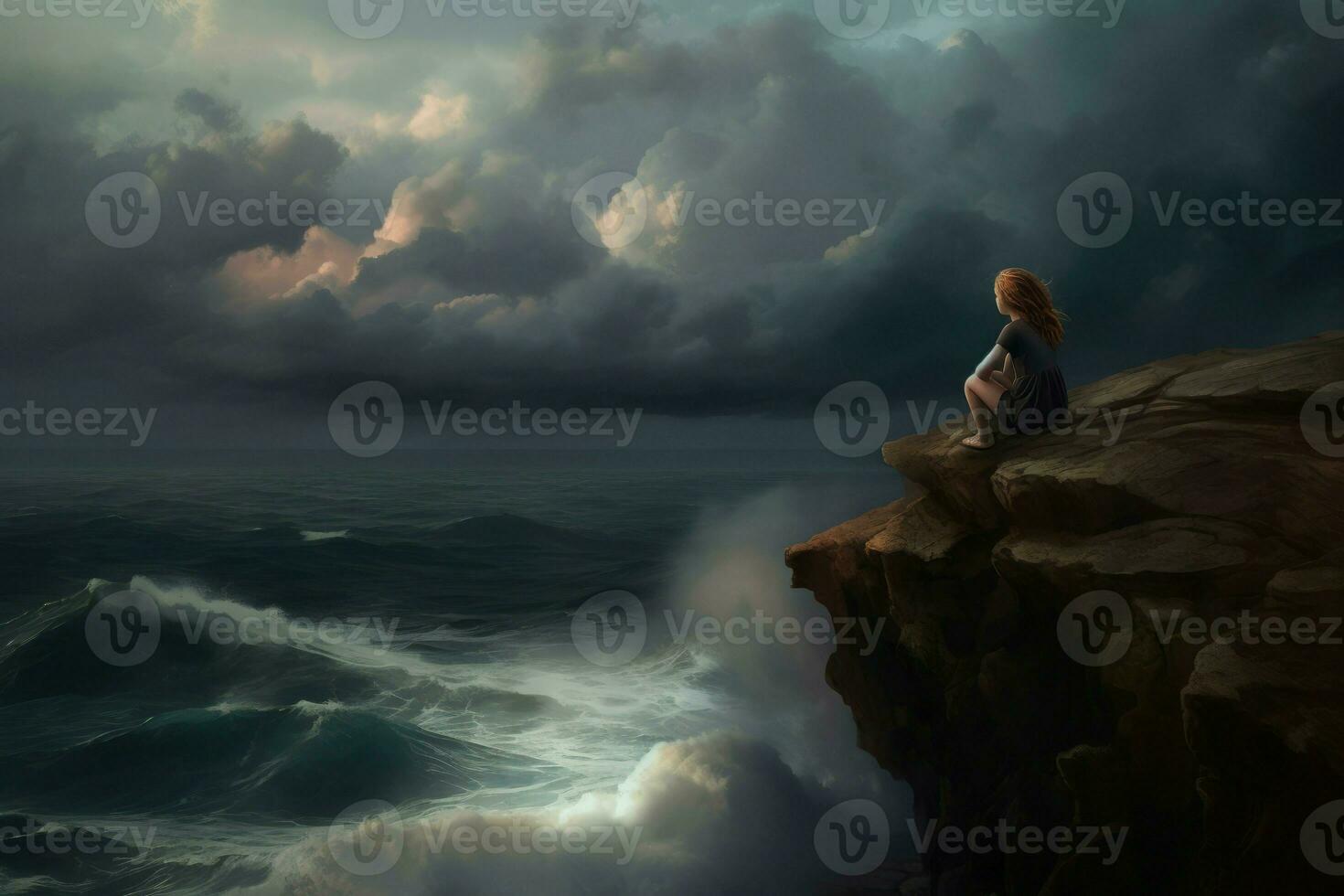 Girl cliff ocean storm travel. Generate Ai photo