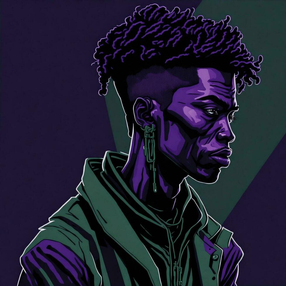 Black Rapper Illustration With Duotone Style, Purple and Green Color, Ai Generative photo