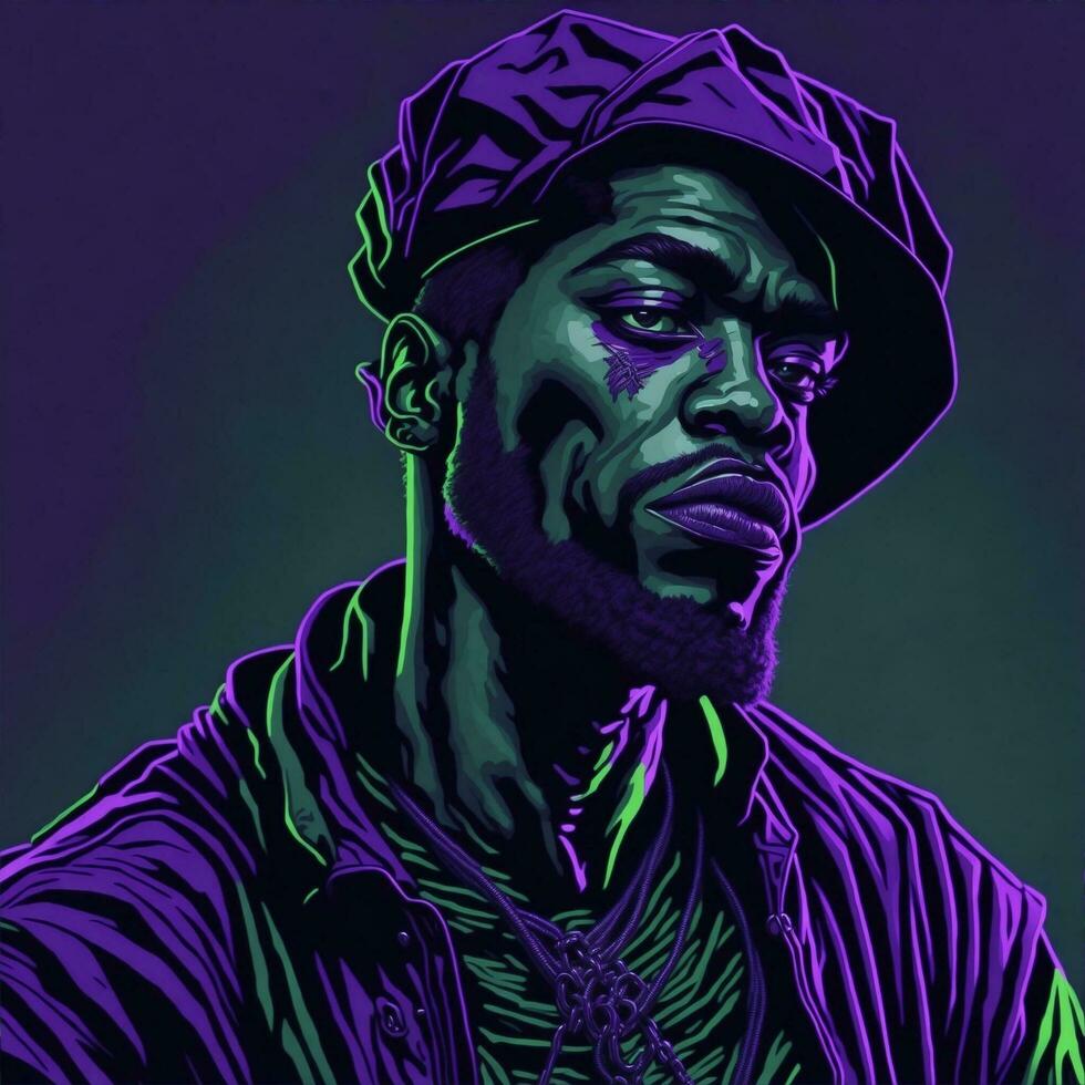 Black Rapper Illustration With Duotone Style, Purple and Green Color, Ai Generative photo